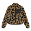 Jacke für Damen aus warmem Sherpa mit Leoparden Print, zwei schräge Fronttaschen und schwarzer Brusttasche mit Reissverschluss